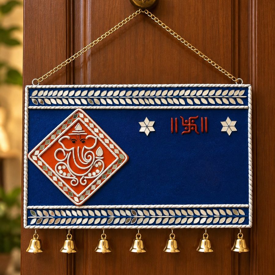 Navy rectangular name plate with a Ganesha motif, swastik symbols and a row of brass bells