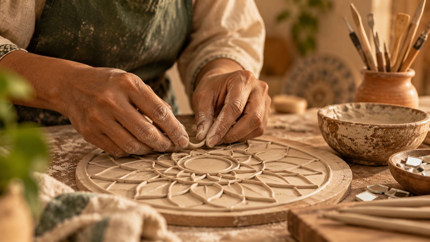 Hands setting mirror pieces into a clay Lippan design at the studio table