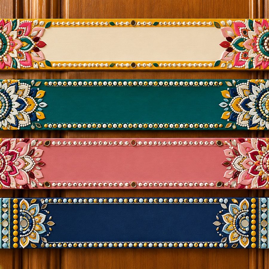 Four rectangular hand-painted name plates in cream, green, pink and navy with floral borders