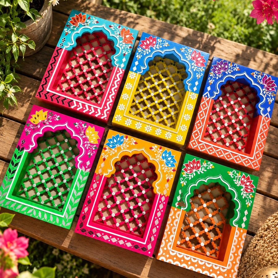 Six hand-painted Jharokha window frames with jaali lattice work in pink, yellow, blue, green and orange