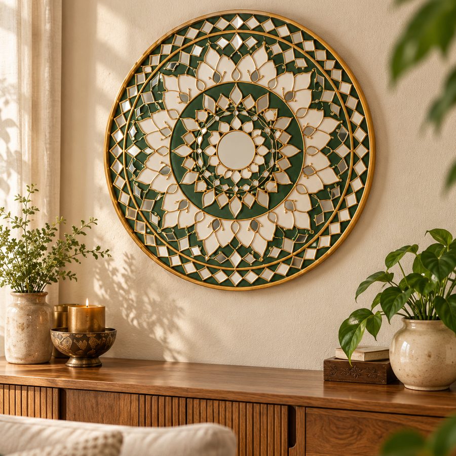 Round Lippan mandala in green and gold with mirror work, hung above a wooden console in a sunlit room