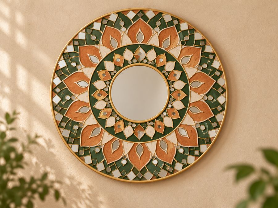 Wall art in green and terracotta with relief and mirror work