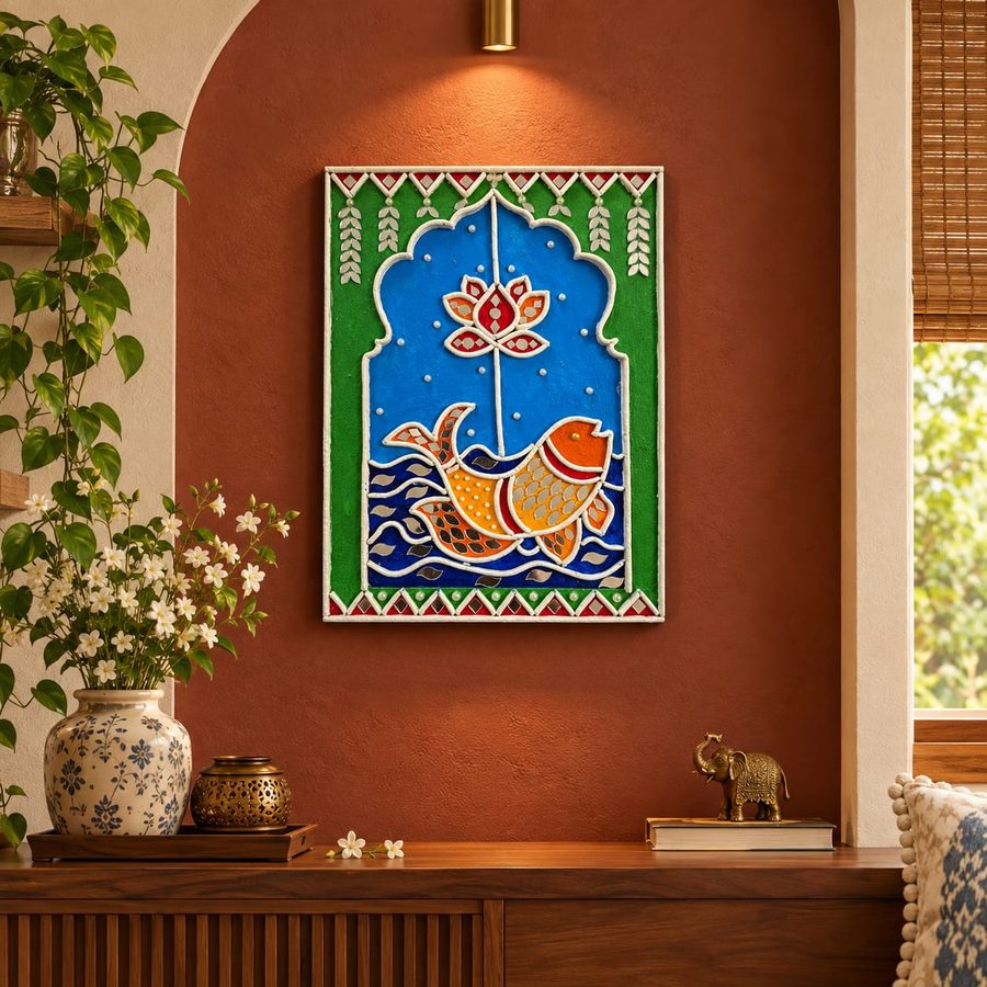 Madhubani art wall panel with a fish and lotus in raised relief and mirror work, framed in green and red, hung on a terracotta wall
