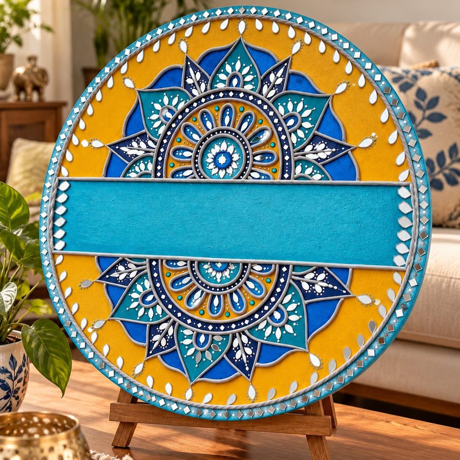 Round blue and yellow mandala name plate with a blank name band, displayed on an easel