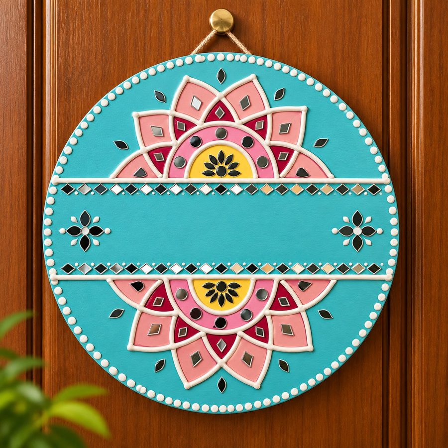 Round teal name plate with pink and yellow mandala work and a blank name band
